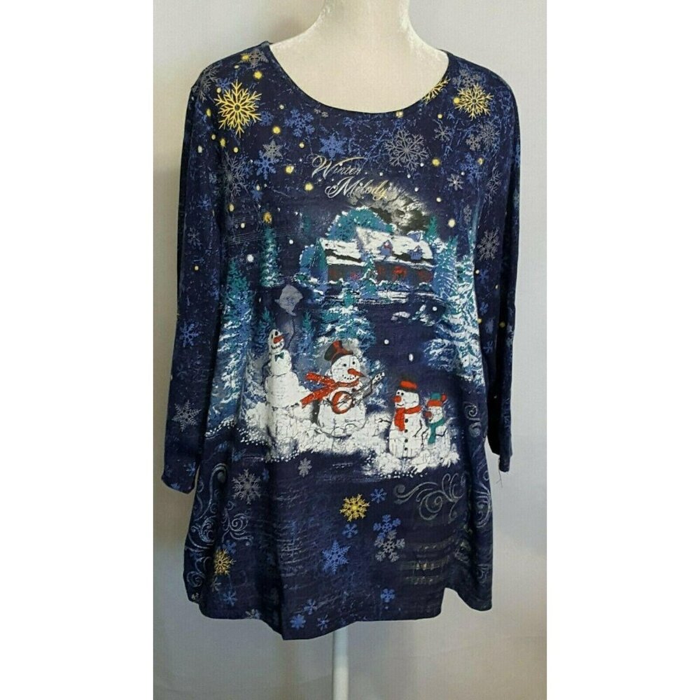 Womens‎ T Shirt 2X Snowmen Snowflakes Embellished i.b.diffusion 3/4 Sleeve Blue
